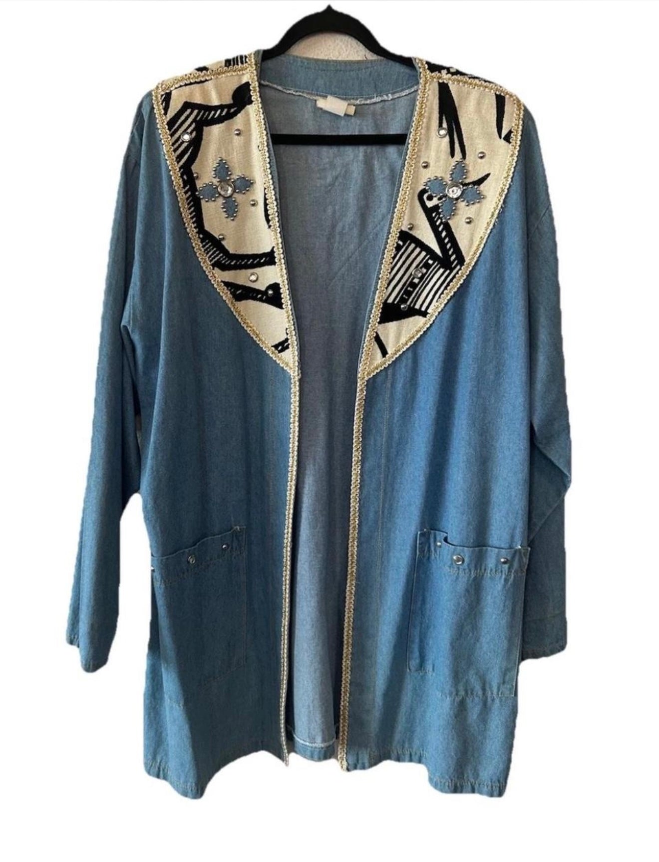 VTG 80's Denim Embellished Chore Coat
Mid-Length XL