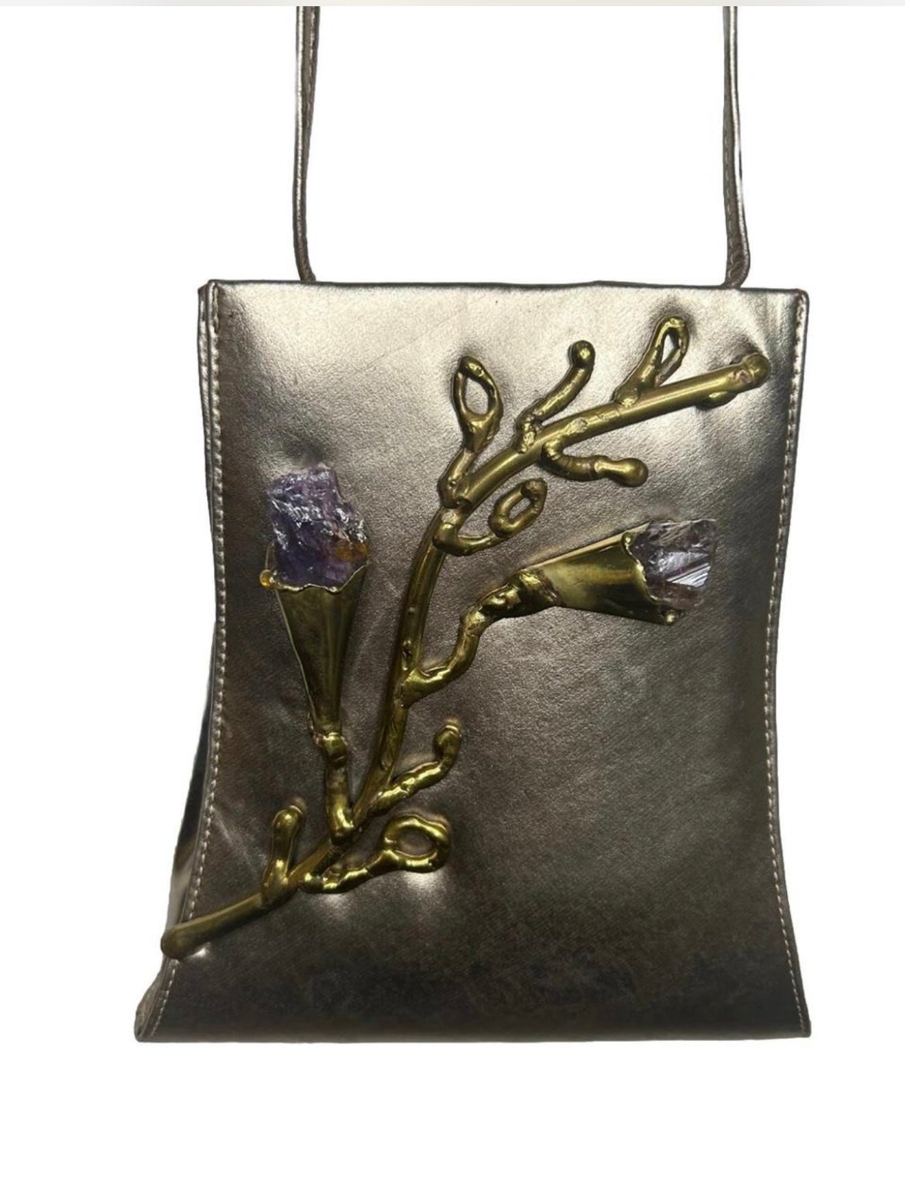 Unique vintage 90s gold leaf handbag with amethyst gemstone handbag