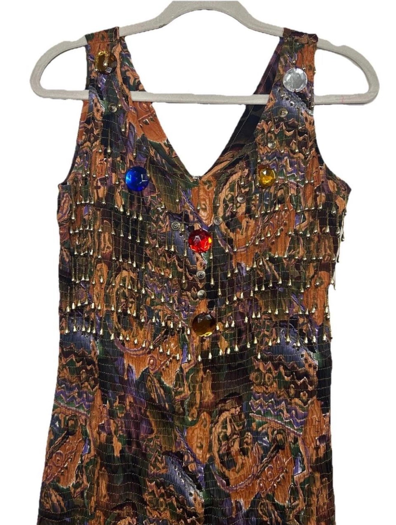VTG Bohemian Ethnic Printed Maxi Dress With Gold Fringe Beading M Patio Dress