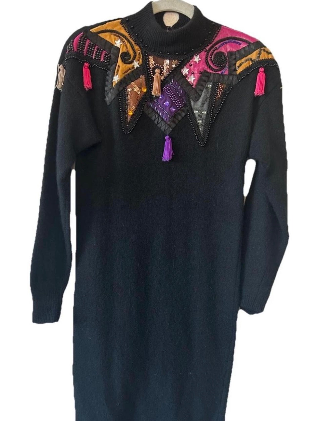 VTG 80s Lambswool & Rabbit Hair LS
Turtleneck Sweater Dress Leather Patchwork M