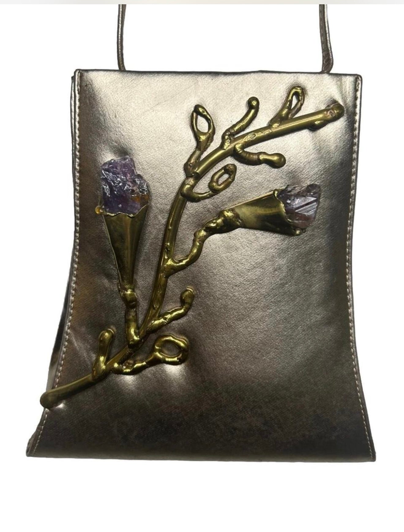 Unique vintage 90s gold leaf handbag with amethyst gemstone handbag