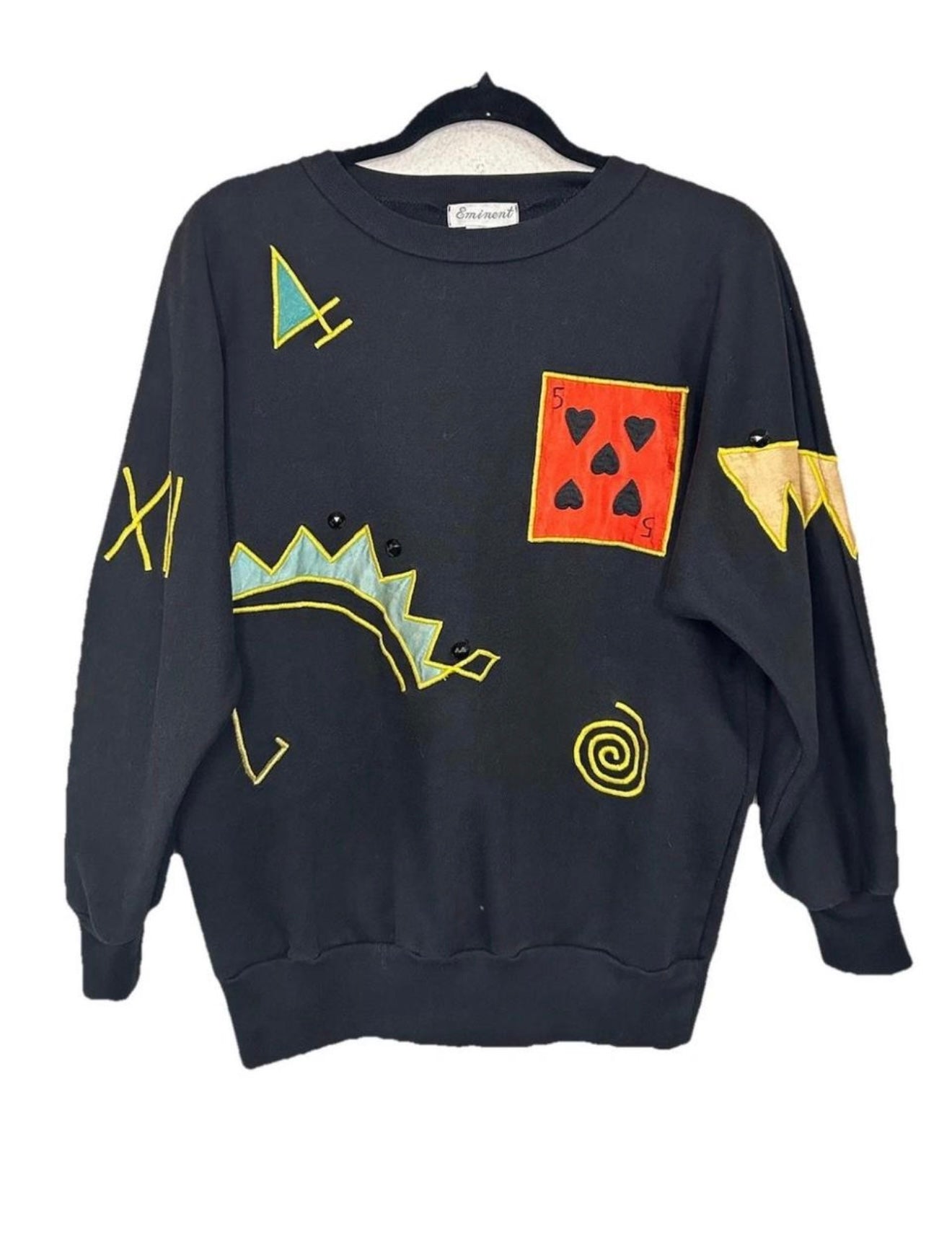 VTG Black Cotton Silk Embroidered
Patchwork Black Jack Sweatshirt By Eminent M
