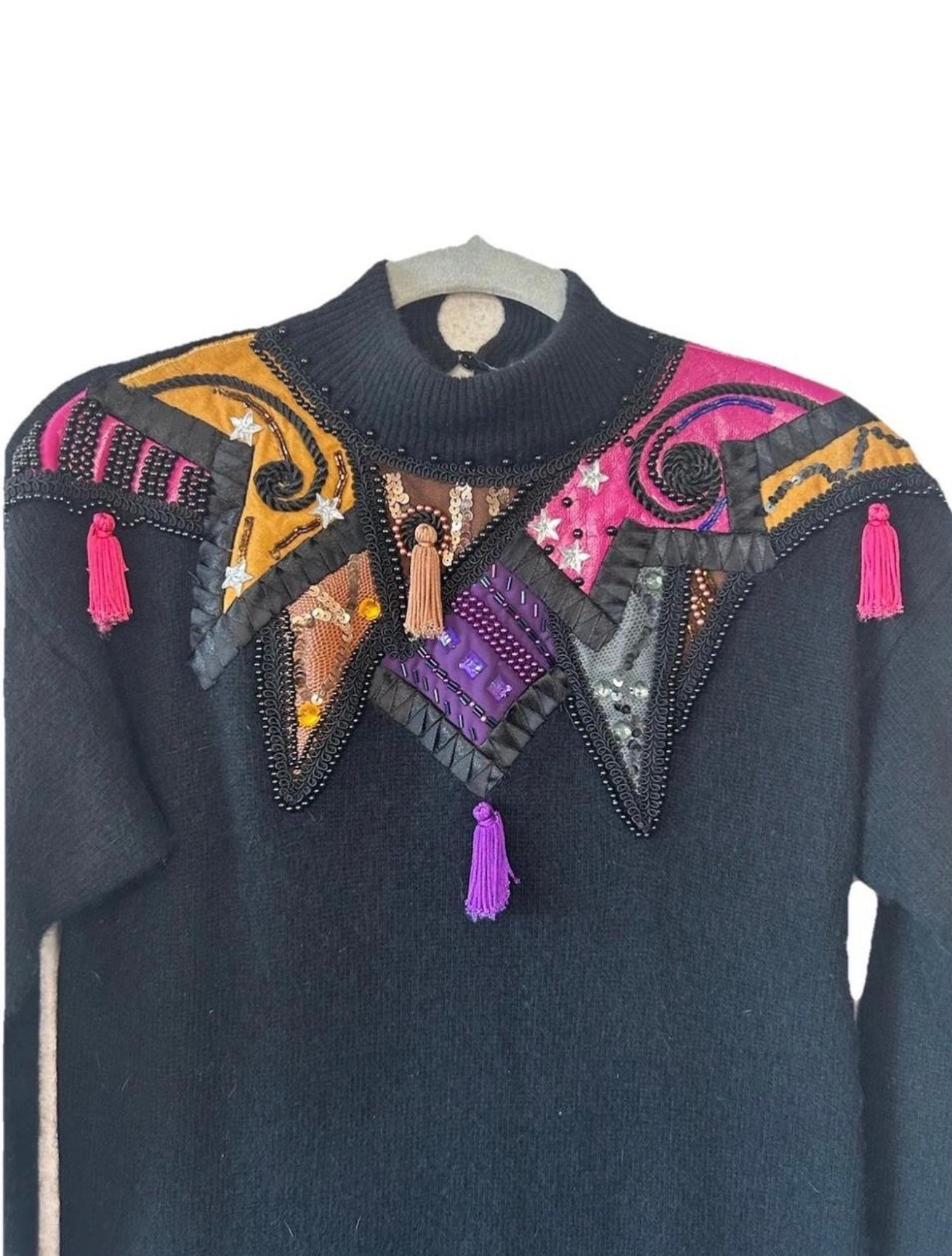 VTG 80s Lambswool & Rabbit Hair LS
Turtleneck Sweater Dress Leather Patchwork M