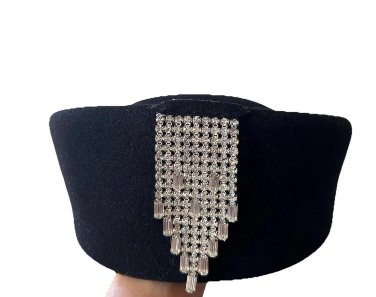 VTG Black Wool Rhinestone Baguette
Crystal Embellished Pill Box Hat Church Hat By B Michael One
Size