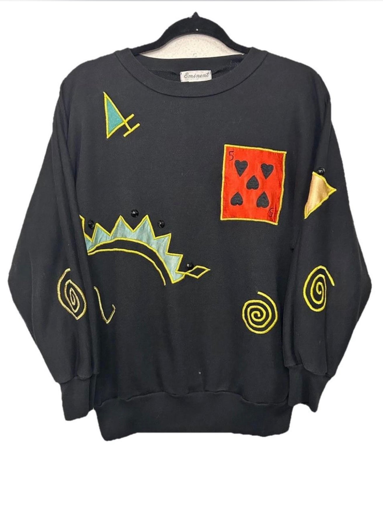 VTG Black Cotton Silk Embroidered
Patchwork Black Jack Sweatshirt By Eminent M