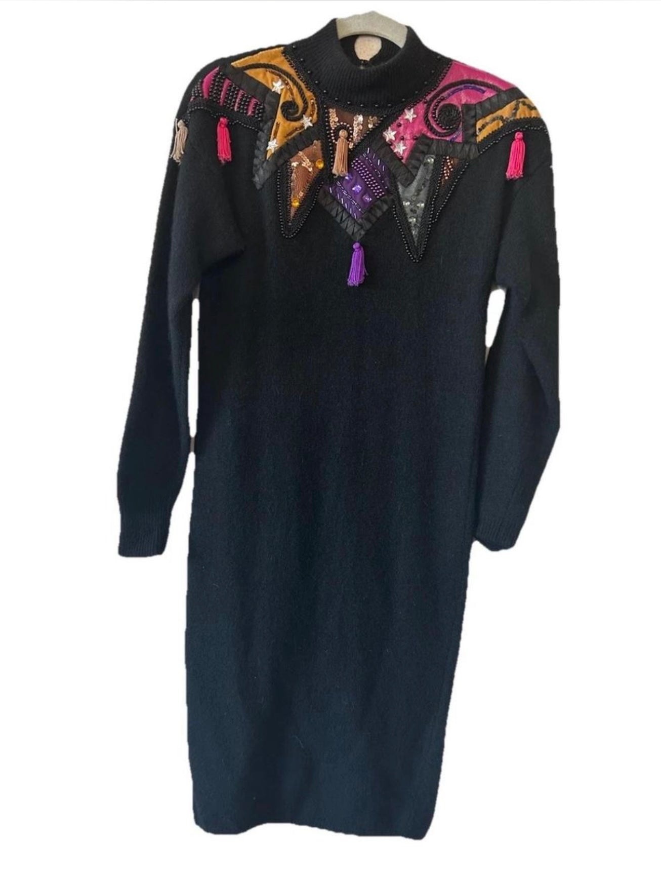 VTG 80s Lambswool & Rabbit Hair LS
Turtleneck Sweater Dress Leather Patchwork M