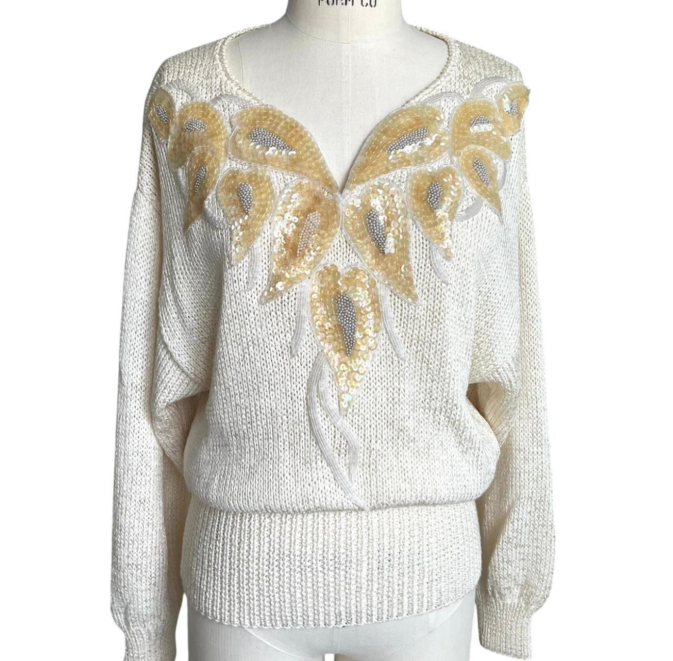80's vintage white and gold sequin embroidered/embellished glam statement sweater with a V-neckline. Brand is Nannell!