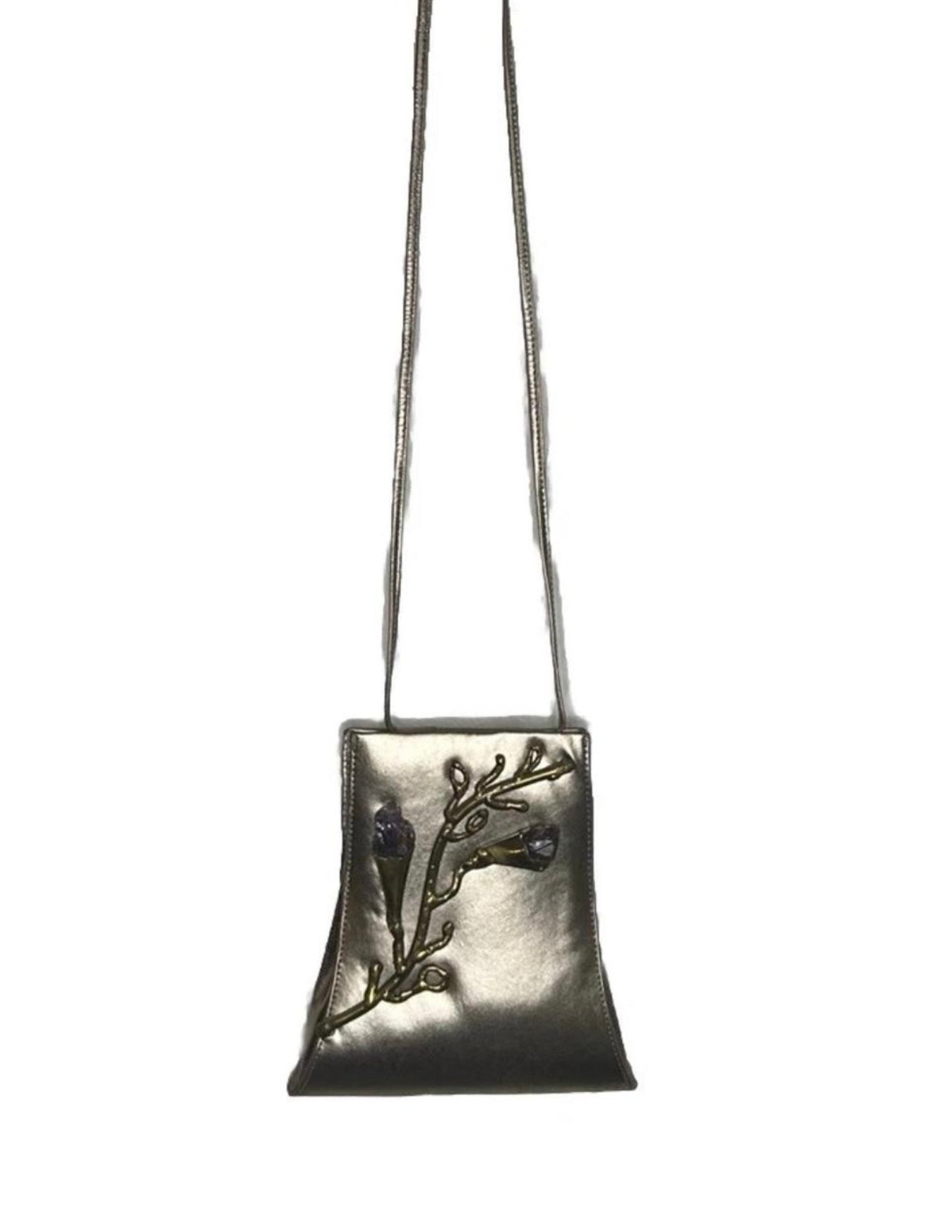 Unique vintage 90s gold leaf handbag with amethyst gemstone handbag