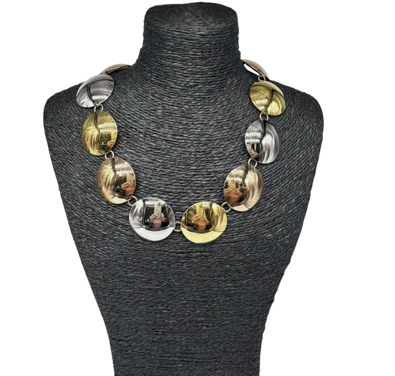 Vintage MONET Disk Chain Collar Runway Statement Necklace 3 Tone Gold Adjustable