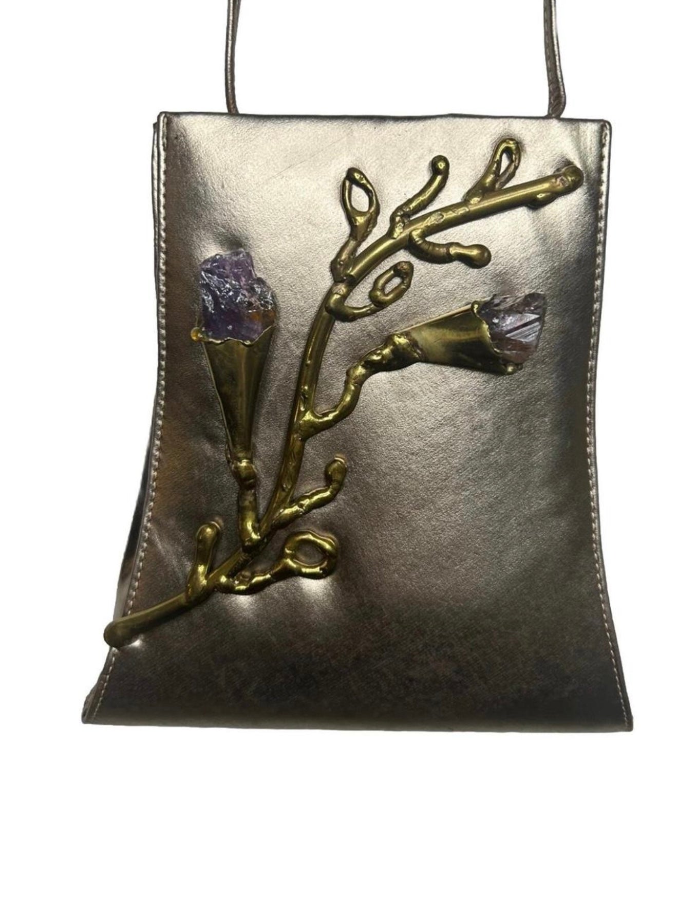Unique vintage 90s gold leaf handbag with amethyst gemstone handbag