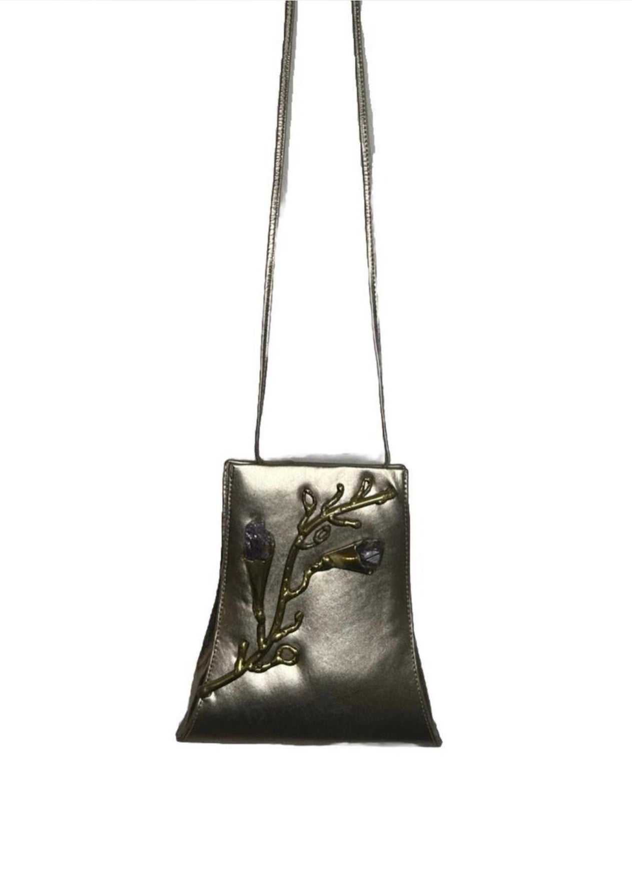 Unique vintage 90s gold leaf handbag with amethyst gemstone handbag