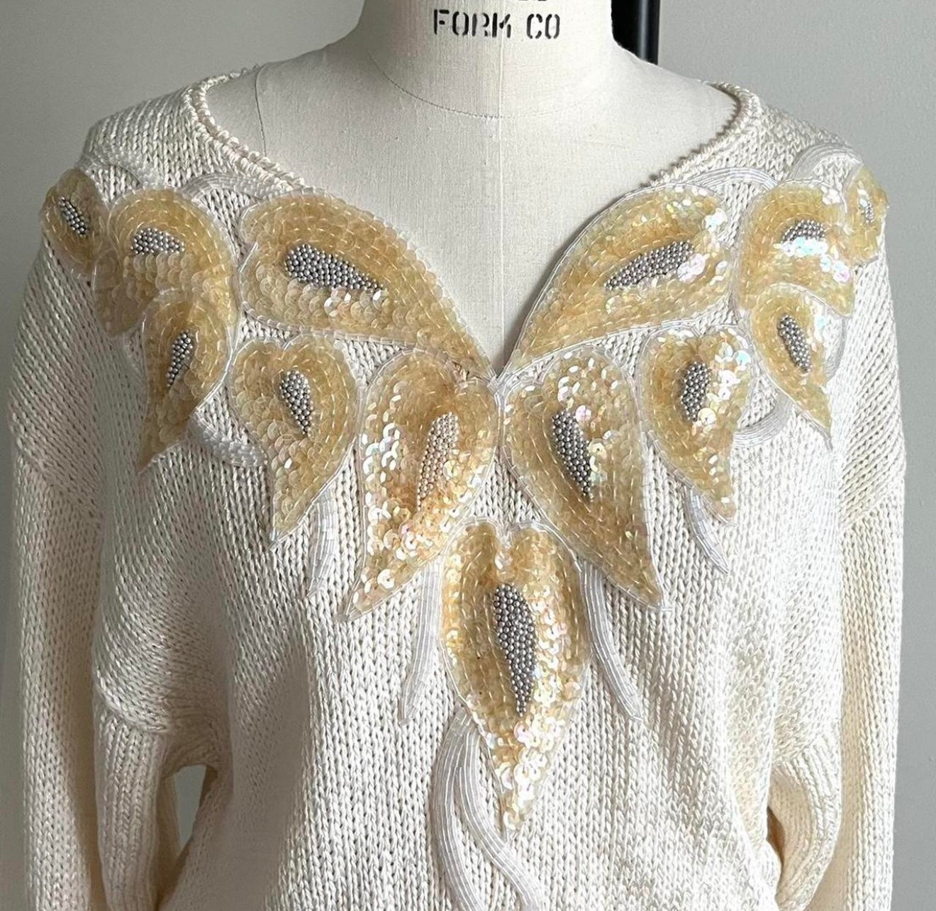 80's vintage white and gold sequin embroidered/embellished glam statement sweater with a V-neckline. Brand is Nannell!