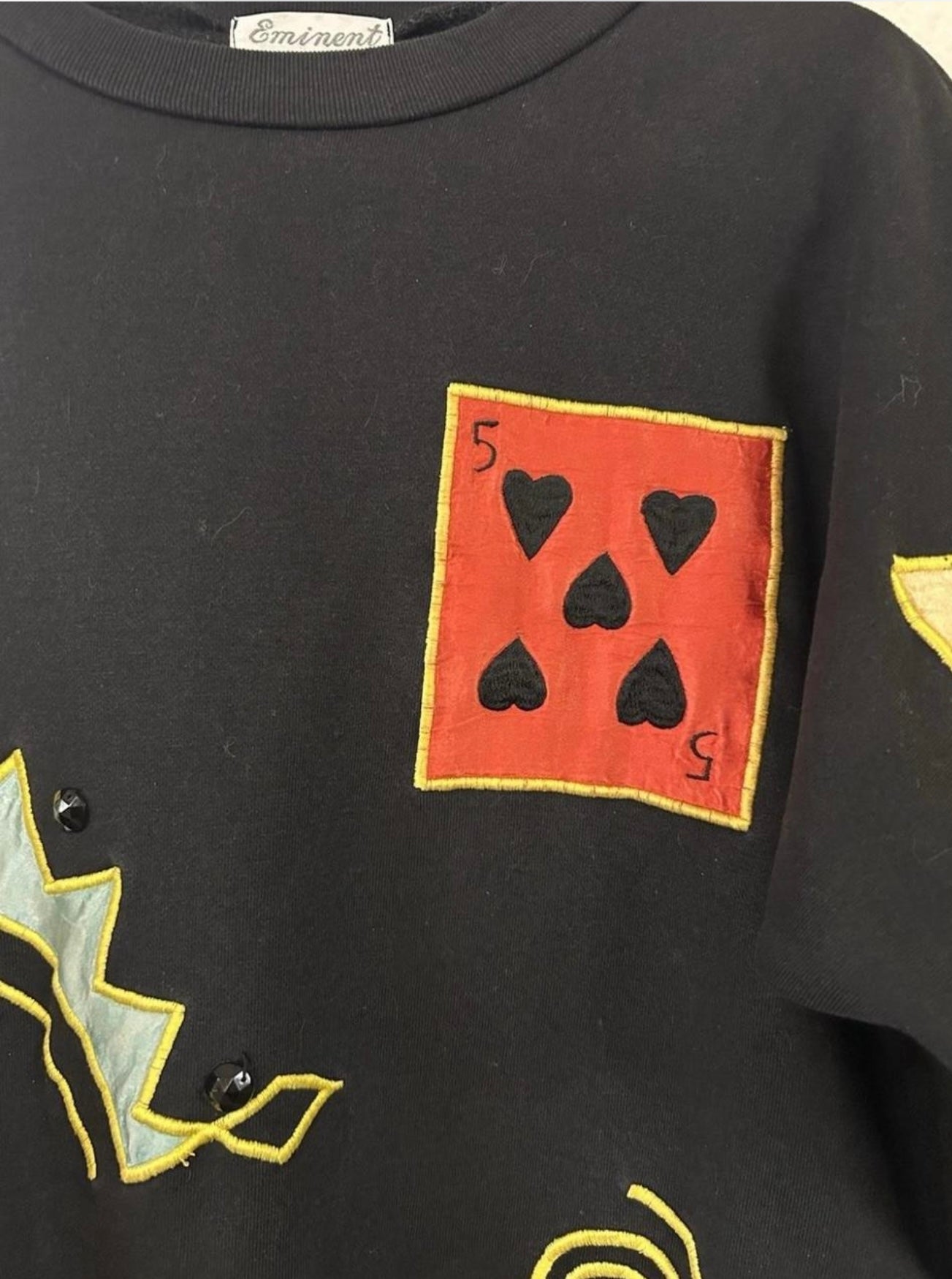 VTG Black Cotton Silk Embroidered
Patchwork Black Jack Sweatshirt By Eminent M