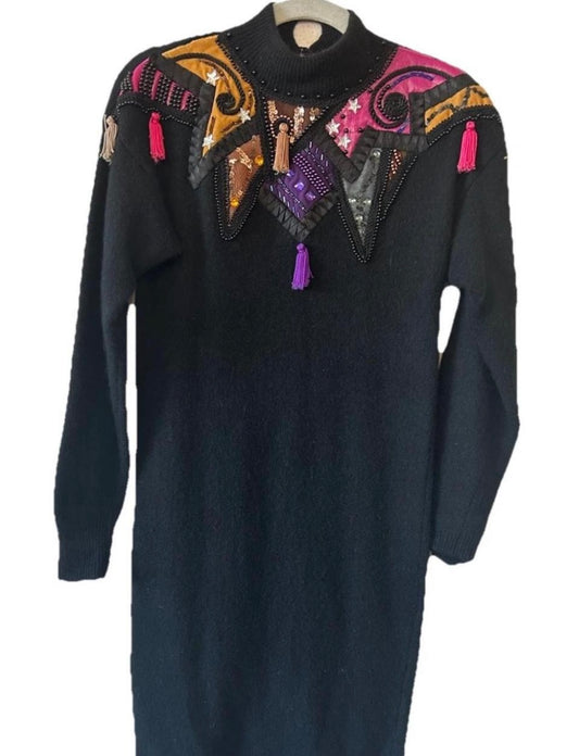 VTG 80s Lambswool & Rabbit Hair LS
Turtleneck Sweater Dress Leather Patchwork M