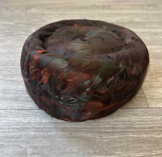VTG 60's Iridescent Peacock Feathered
Pill Box Cocktail Hat Union Made One Size