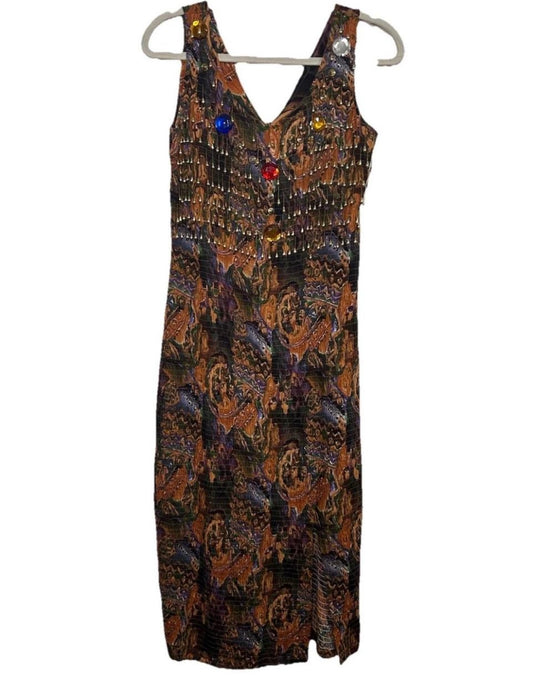 VTG Bohemian Ethnic Printed Maxi Dress With Gold Fringe Beading M Patio Dress
