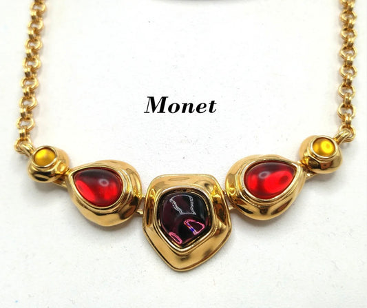 Monet Gold Plated Choker Necklace, Red Purple Glass Cabochons, 1980s Vintage Jewelry