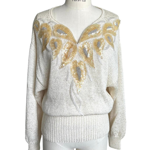 80's vintage white and gold sequin embroidered/embellished glam statement sweater with a V-neckline. Brand is Nannell!