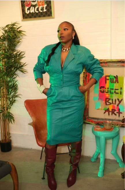 Vintage Teal Green Leather Two-Piece Jacket and Skirt Set – Size 14