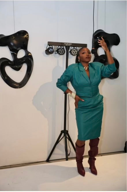 Vintage Teal Green Leather Two-Piece Jacket and Skirt Set – Size 14