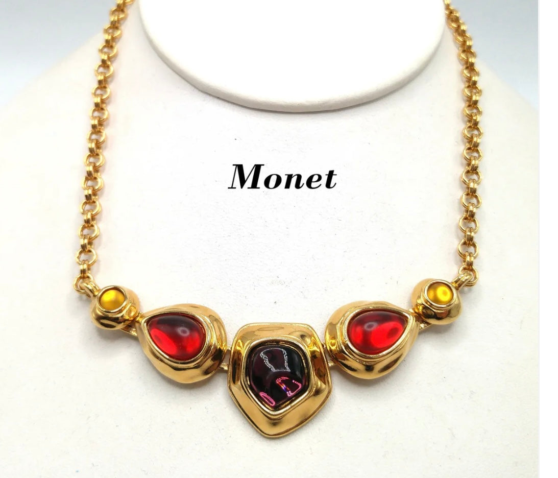 Monet Gold Plated Choker Necklace, Red Purple Glass Cabochons, 1980s Vintage Jewelry