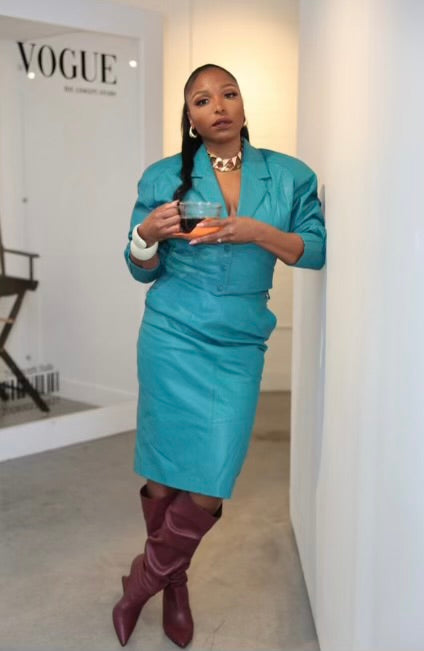 Vintage Teal Green Leather Two-Piece Jacket and Skirt Set – Size 14