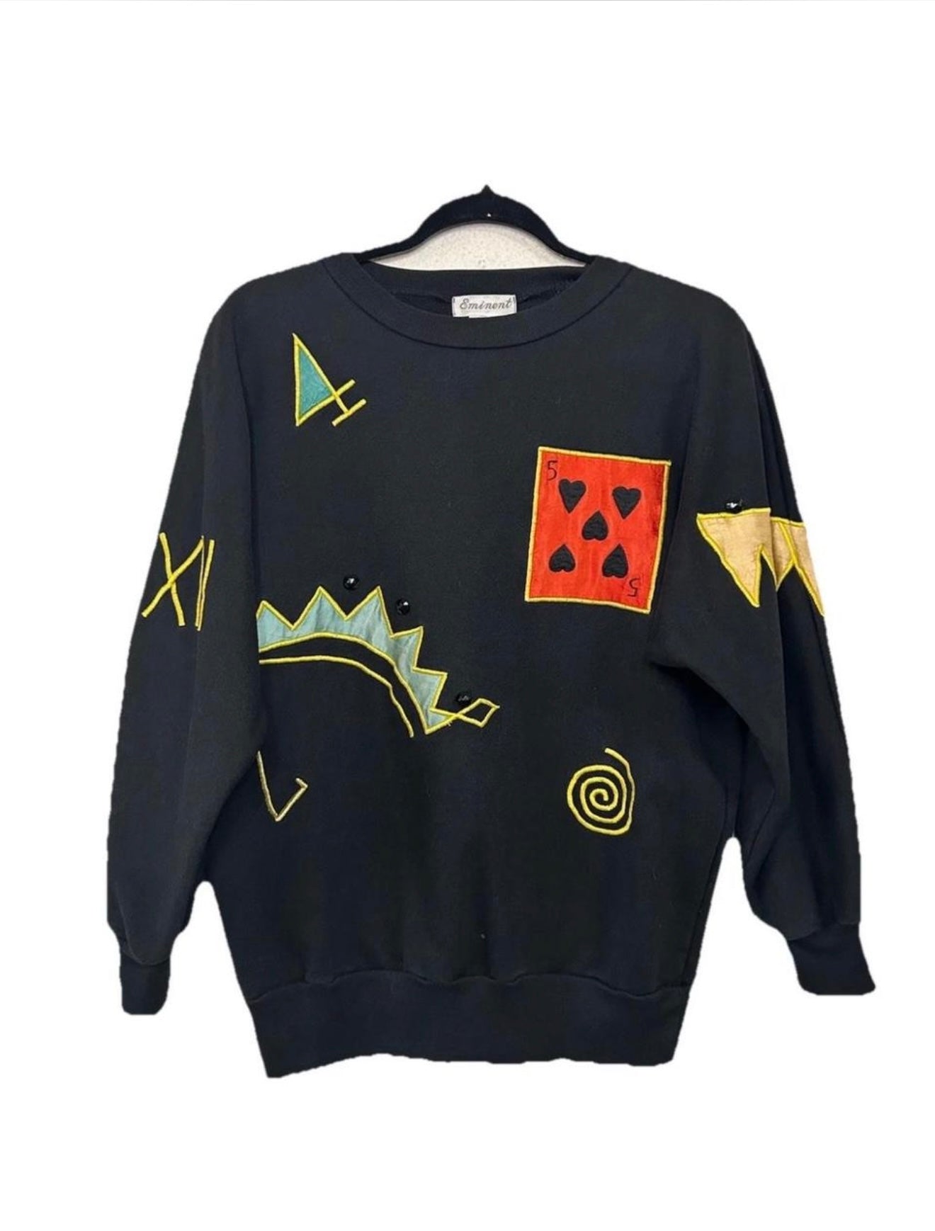 VTG Black Cotton Silk Embroidered
Patchwork Black Jack Sweatshirt By Eminent M