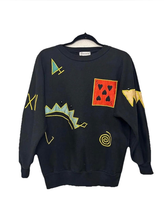 VTG Black Cotton Silk Embroidered
Patchwork Black Jack Sweatshirt By Eminent M